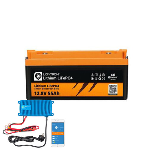 LIONTRON LiFePO4 12,8V 55Ah LX Smart BMS mit Bluetooth - Marine IP67 inkl. Victron Blue Smart IP67 Ladegerät 12/25(1+si) 230V